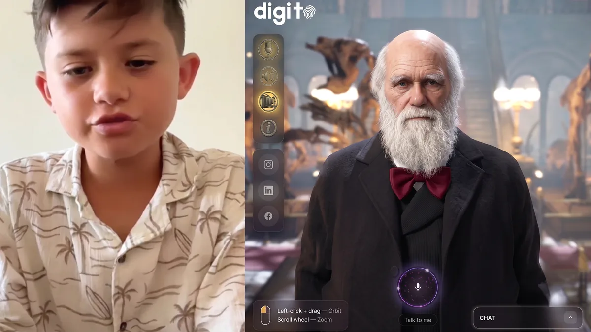 A child asking Charles Darwin a question, a real-time 3D digital human by Digito, with orbit and zoom camera controls on screen