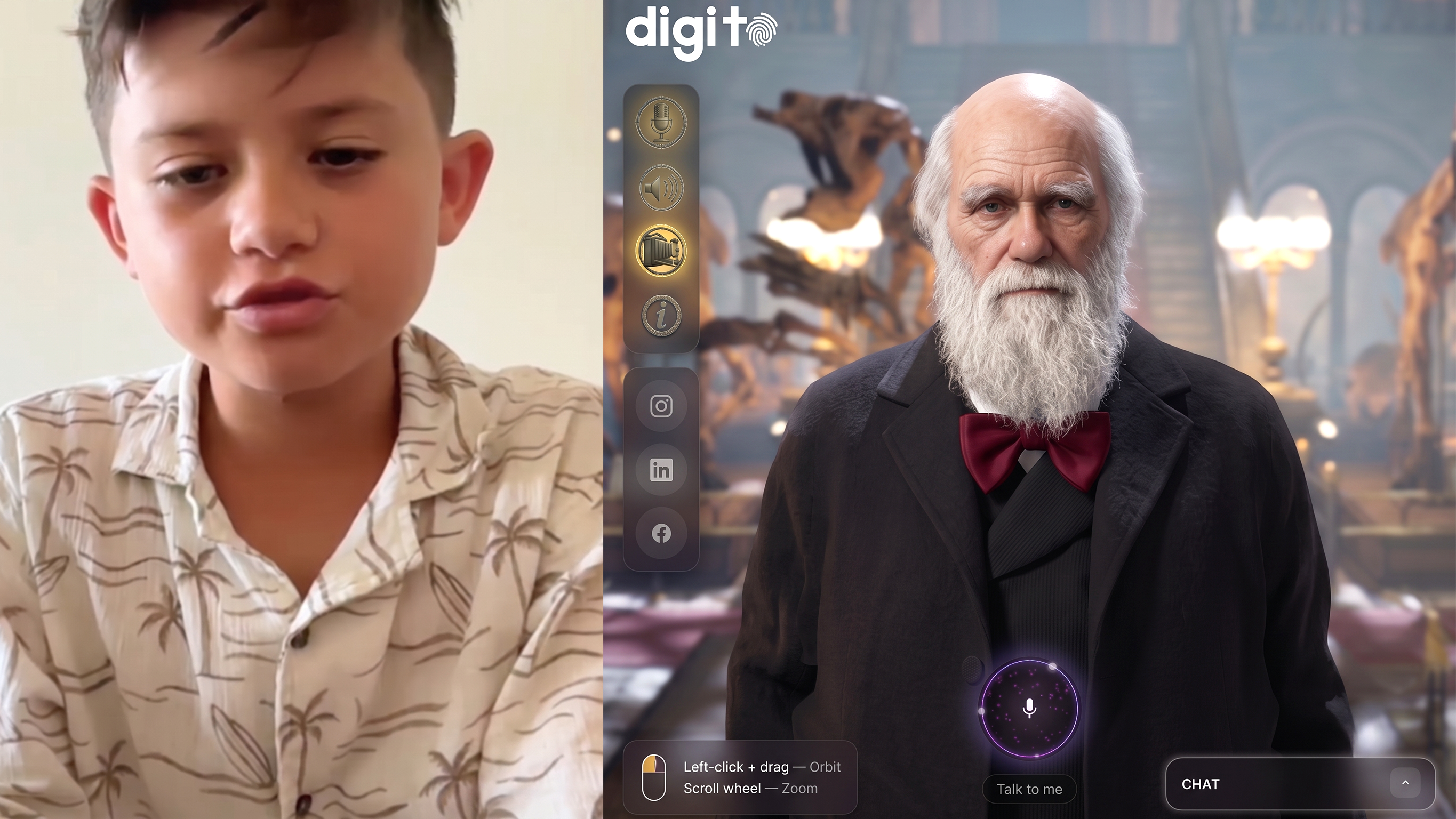Kid talking to Charles Darwin AI digital human