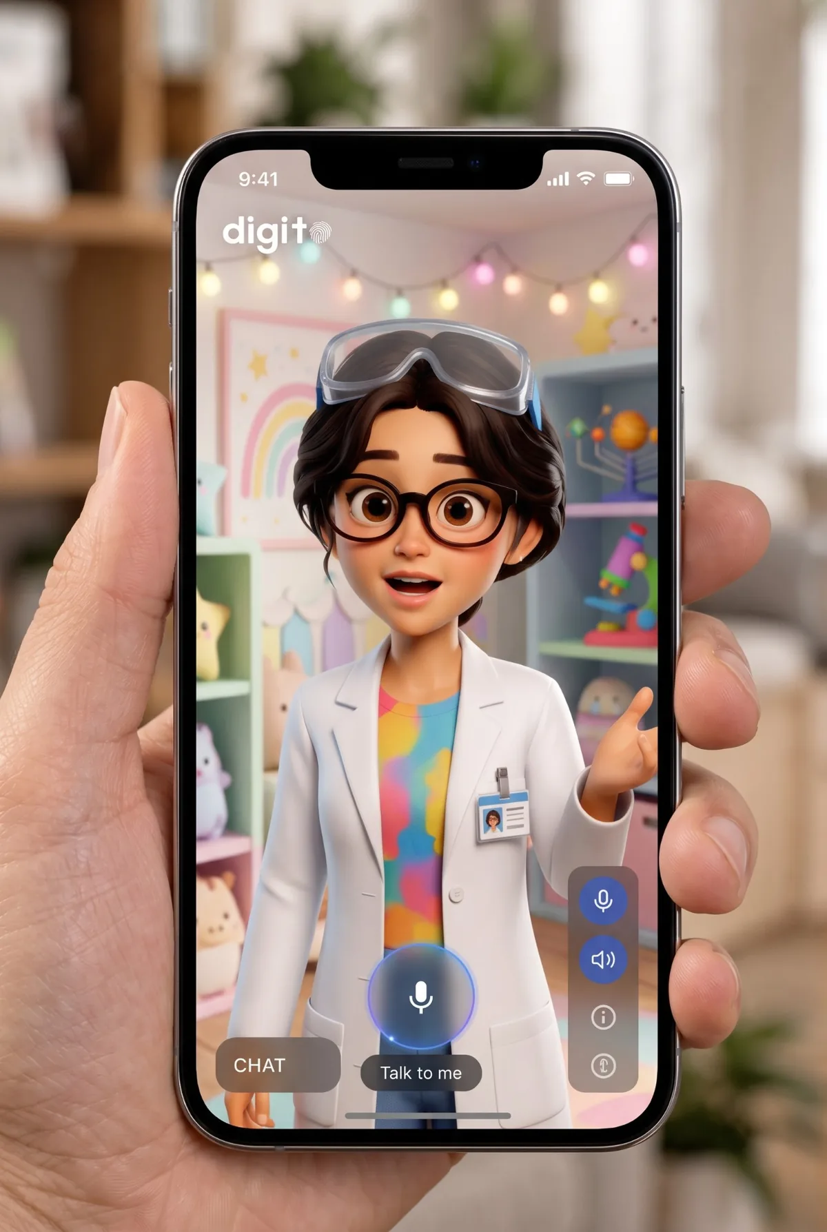A friendly scientist avatar in a child's playroom, answering questions in real time in a browser on a phone