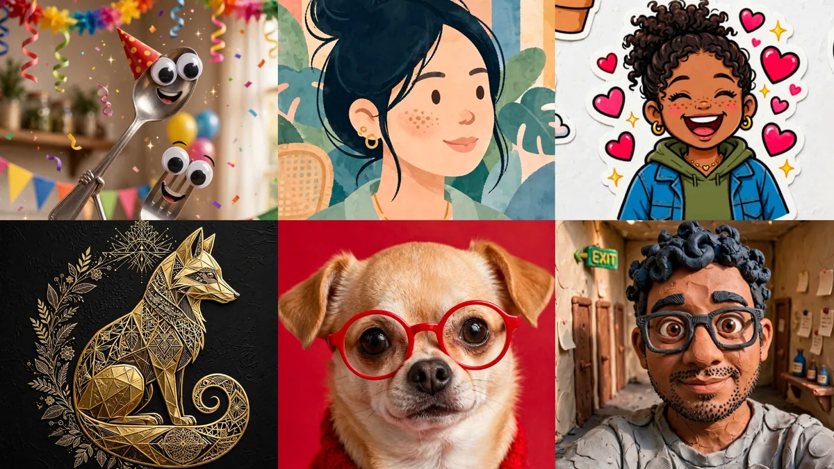 Six Meta Muse avatar styles including an illustrated portrait, a cartoon sticker, a gold fox, a dog in glasses and a googly-eyed spoon