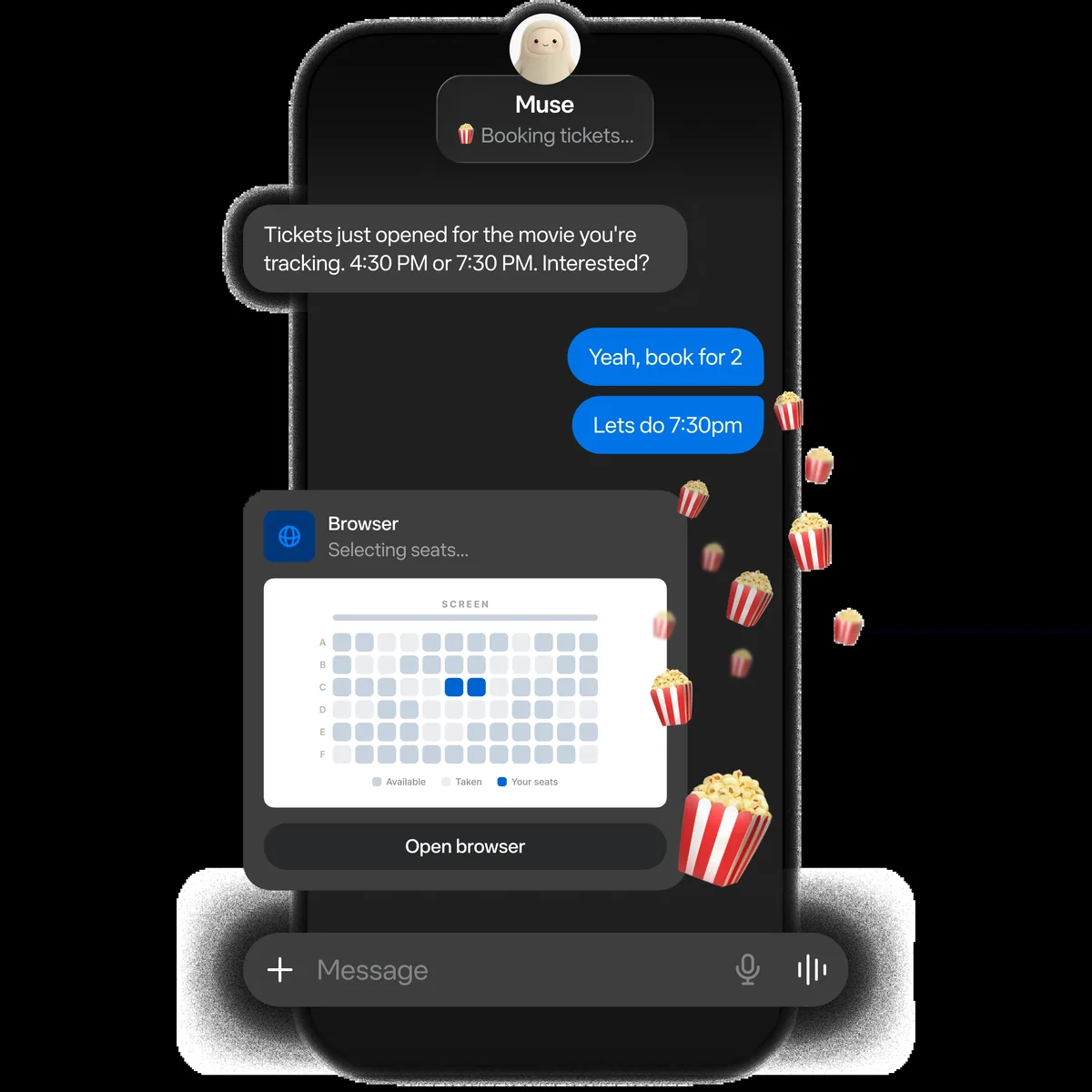 Meta Muse AI agent interface on a phone, booking cinema tickets and selecting seats in its own browser
