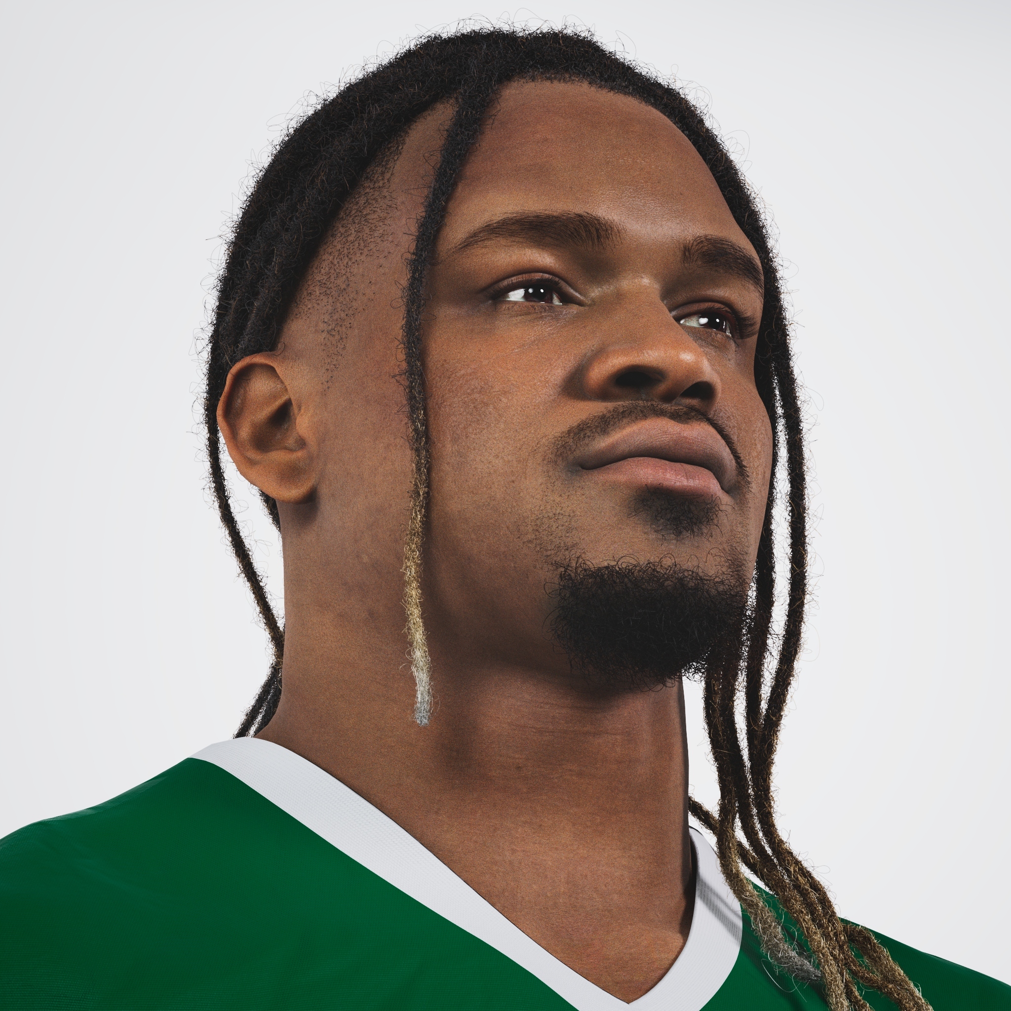 NFL digital twin player detail — photorealistic skin and uniform rendering