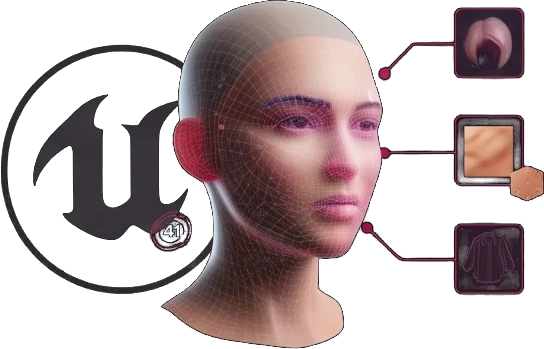 Wireframe head with skin, hair and wardrobe references, character modelling pipeline